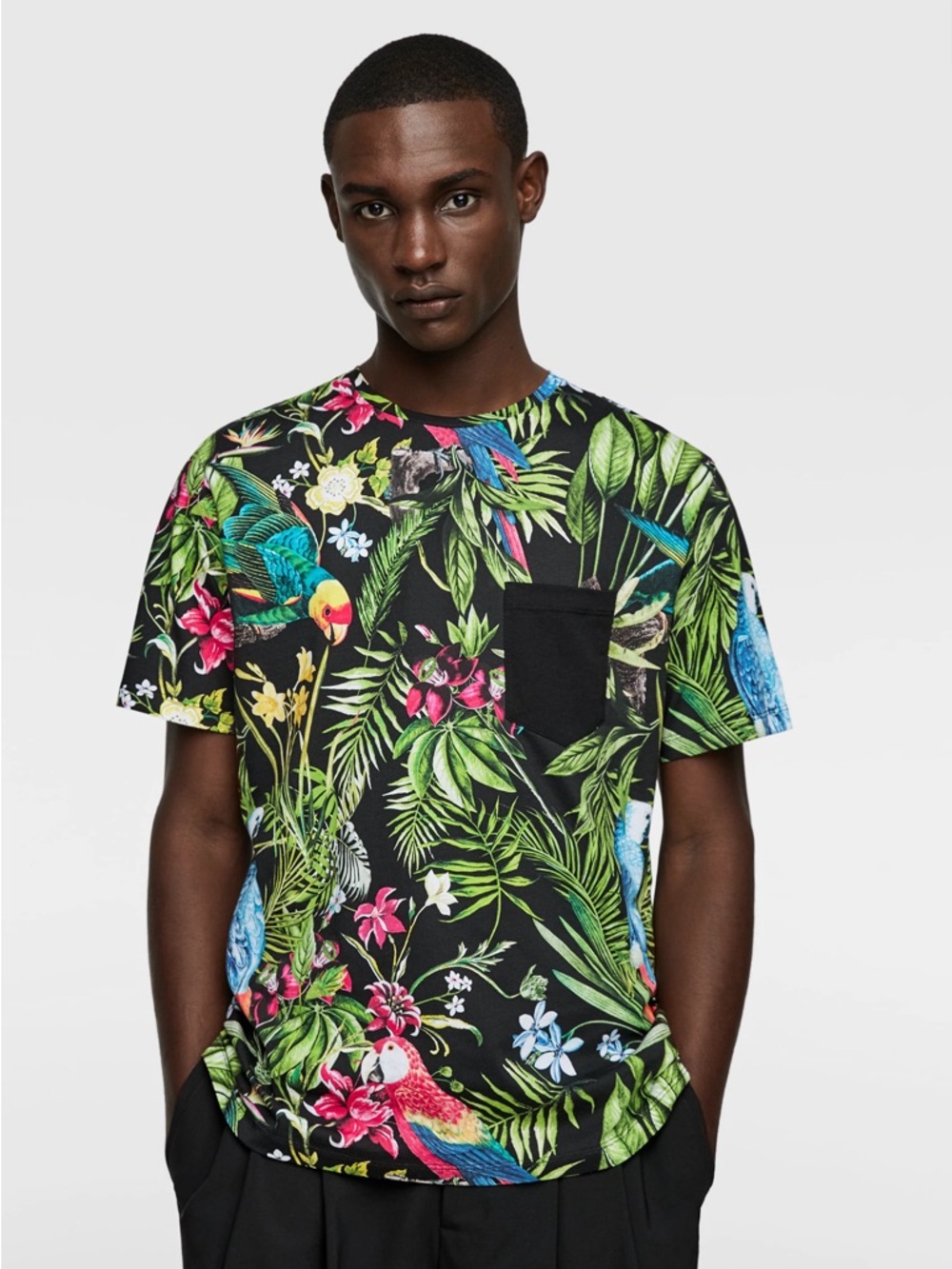 Zara Unisex Tropical Floral Bird Paradise Pocket Casual Resort Tee Shirt S